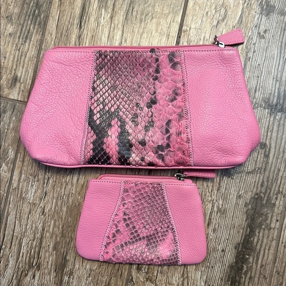 Chi by Falchi Leather pink snakeskin zipper pouch set